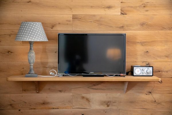 landhaus-apartments-appartement-16-wohnzimmer-tv-holzwand-detail Wohnzimmer im Apartment #16 mit TV, Holzverkleidung und Detailansicht